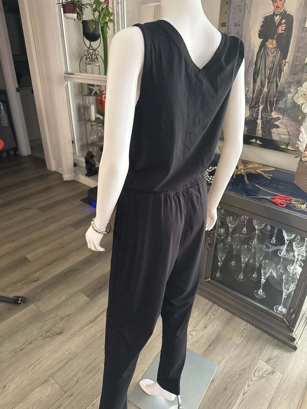 Calvin Klein Black Sleeveless V-Neck Jumpsuit with Gold Logo Size Medium